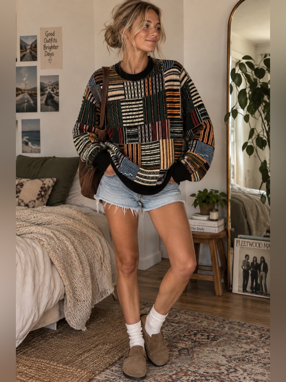 PacSun Small Oversized Geometric Patchwork Sweater Retro Grandpa Knit